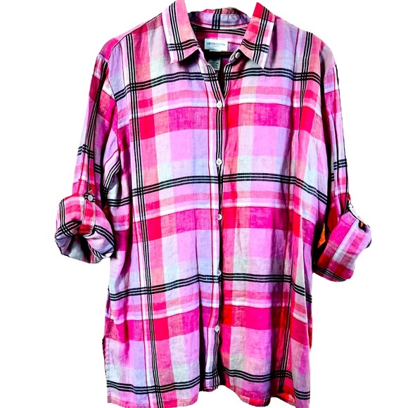Liz Claiborne Tops Liz Claiborne Pink Plaid Linen Button Up Top